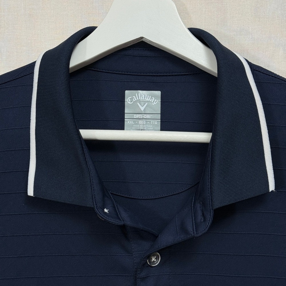 Callaway Polo Shirt Mens XXL Navy Blue Opti-Dri Textured Stripe Tipped Collar - Picture 3 of 10